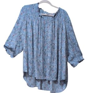 Rose + Olive blue floral blouse 3/4 balloon sleeves, v-neckline smocking size 2X